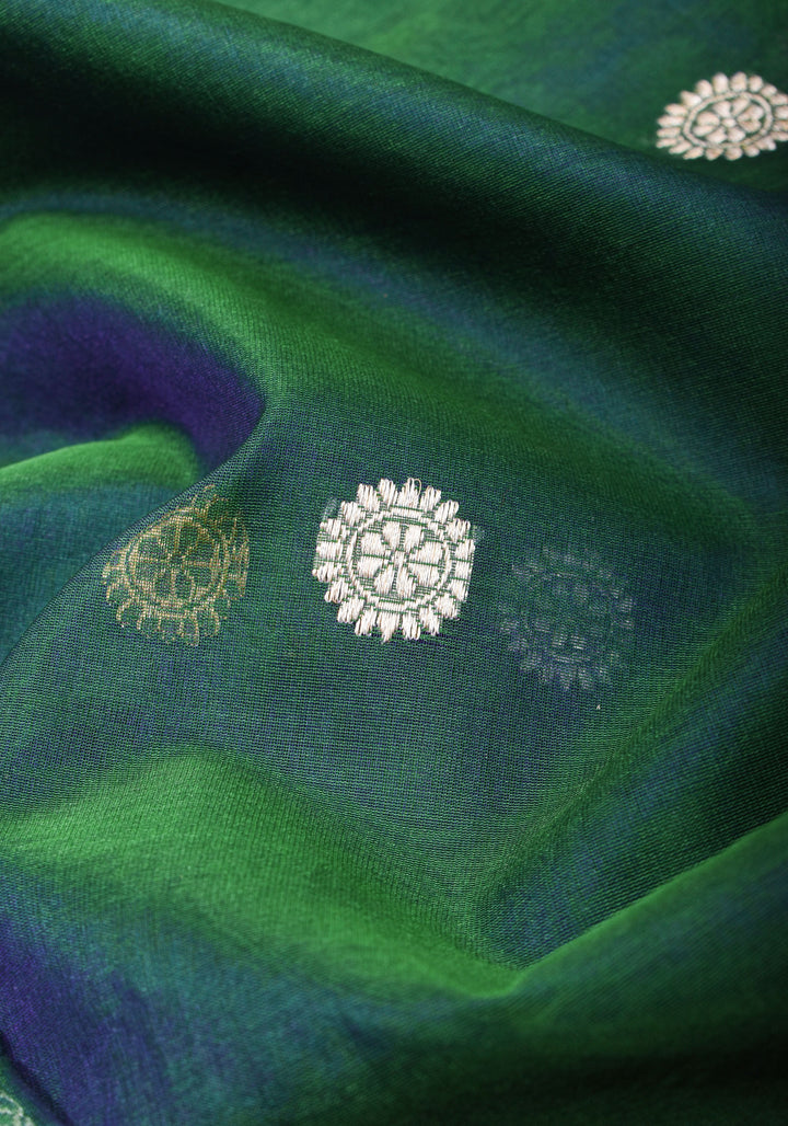 Gorgeous Pure Banarasi Kora Silk Saree in Peacock Blue & Green Dual Tone with Kadhuwa Weave | SILK MARK CERTIFIED