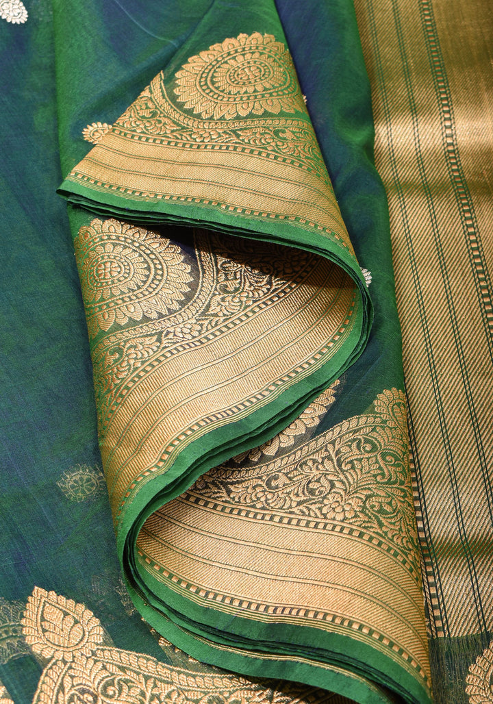 Gorgeous Pure Banarasi Kora Silk Saree in Peacock Blue & Green Dual Tone with Kadhuwa Weave | SILK MARK CERTIFIED