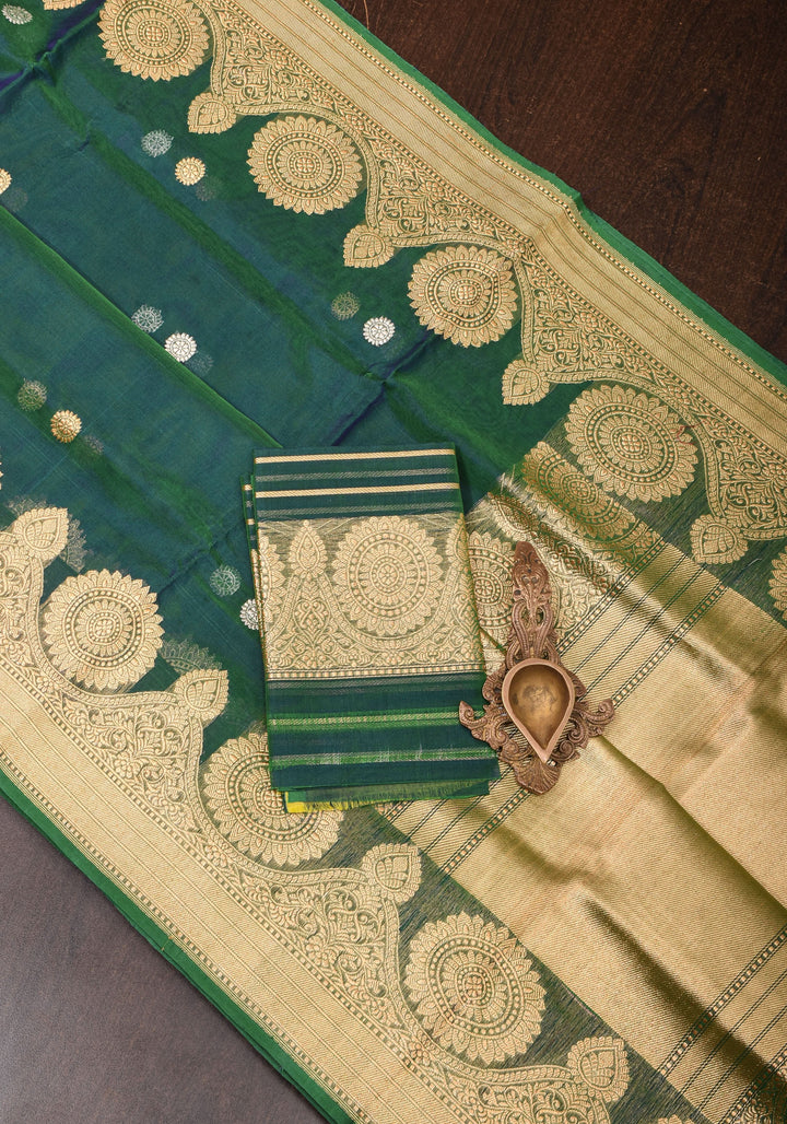 Gorgeous Pure Banarasi Kora Silk Saree in Peacock Blue & Green Dual Tone with Kadhuwa Weave | SILK MARK CERTIFIED