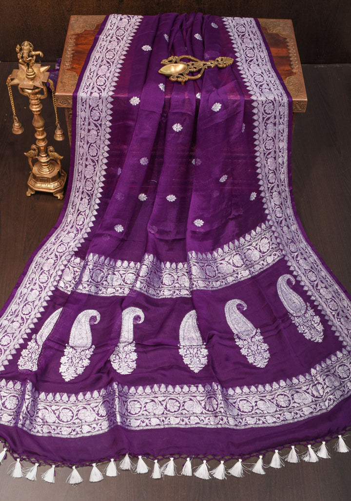 Plum Pure Silk Chiffon Saree with Zari Buttas and Elongated Paisley in Pallu | SILK MARK CERTIFIED