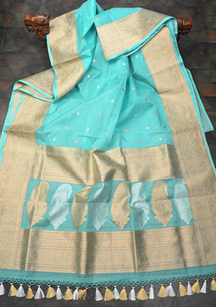 Celeste Exquisite Pure Banarasi Kora Silk Saree with Chunri Butta and Zari Border | SILK MARK CERTIFIED
