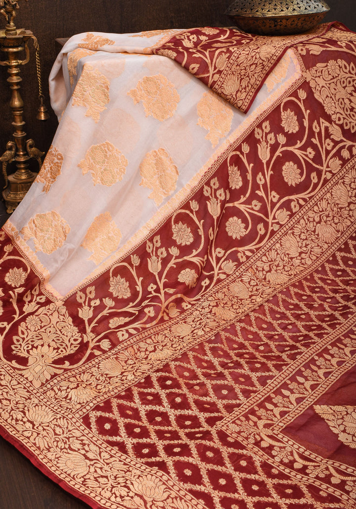 Ivory Banarasi Pure Georgette Saree with  Floral with Contrast Border  | SILK MARK CERTIFIED