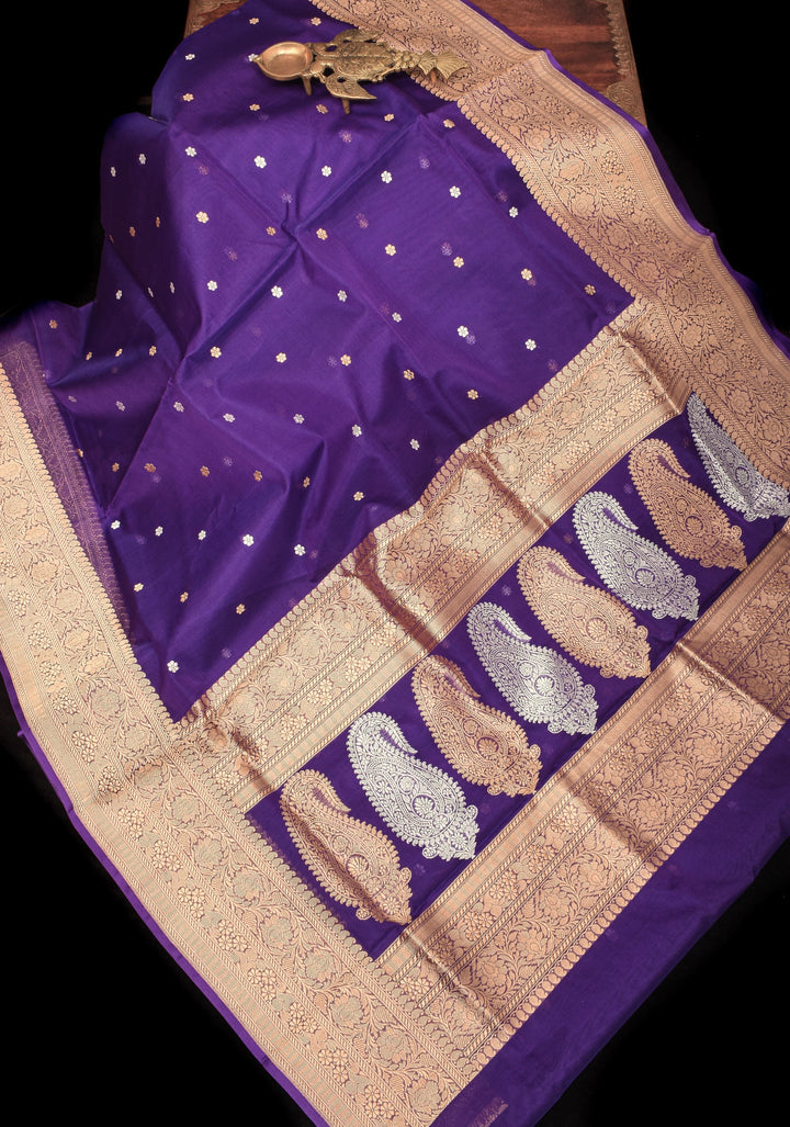 Dark Purple Pure Banarasi Kora Silk Saree with Sona Rupa Floral Buttas and Zari Border | SILK MARK CERTIFIED