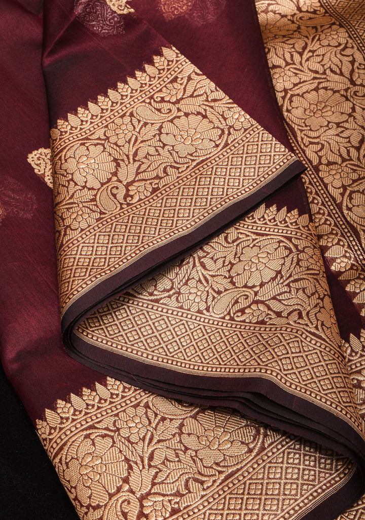 Brown Exquisite Banarasi Kora Silk Saree with Sona Rupa Motifs with Zari Border | SILK MARK CERTIFIED