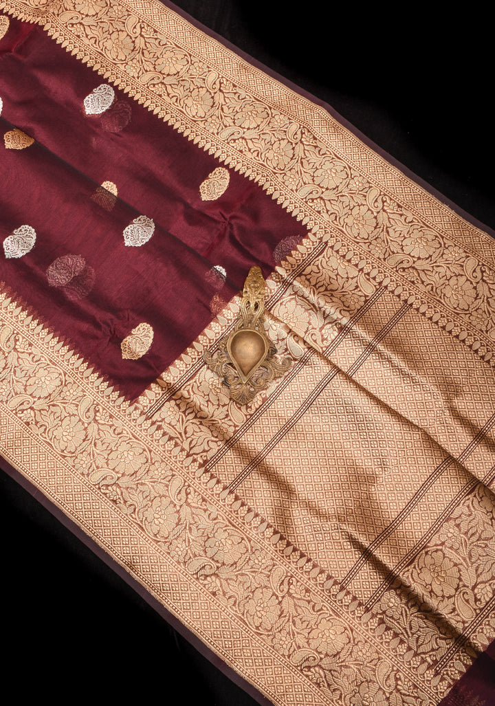 Brown Exquisite Banarasi Kora Silk Saree with Sona Rupa Motifs with Zari Border | SILK MARK CERTIFIED