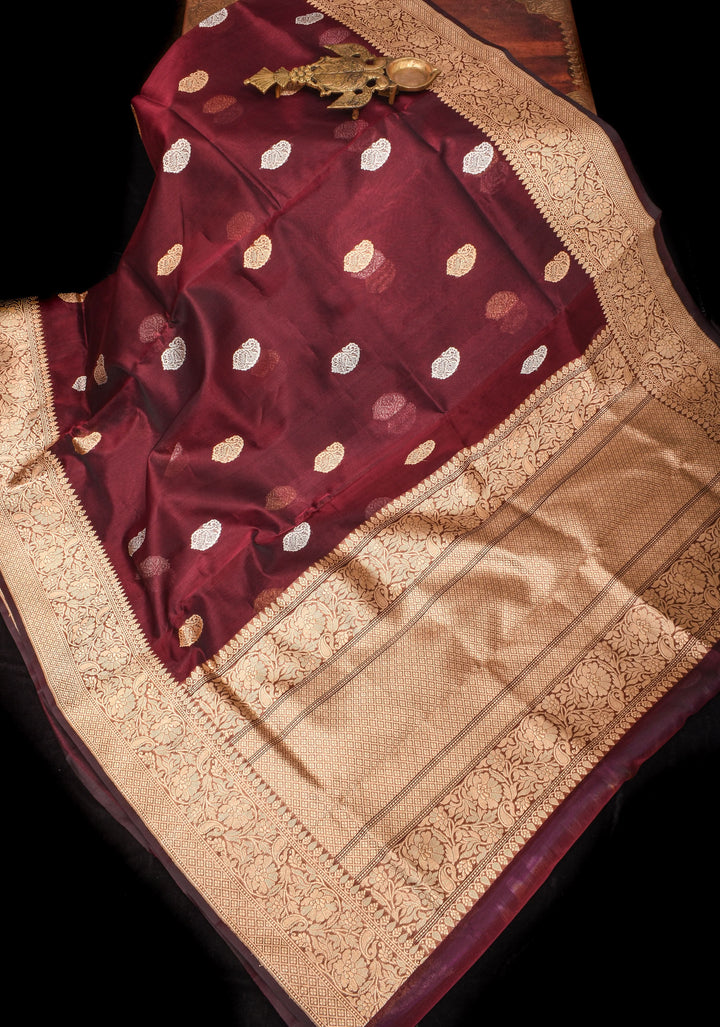 Brown Exquisite Banarasi Kora Silk Saree with Sona Rupa Motifs with Zari Border | SILK MARK CERTIFIED