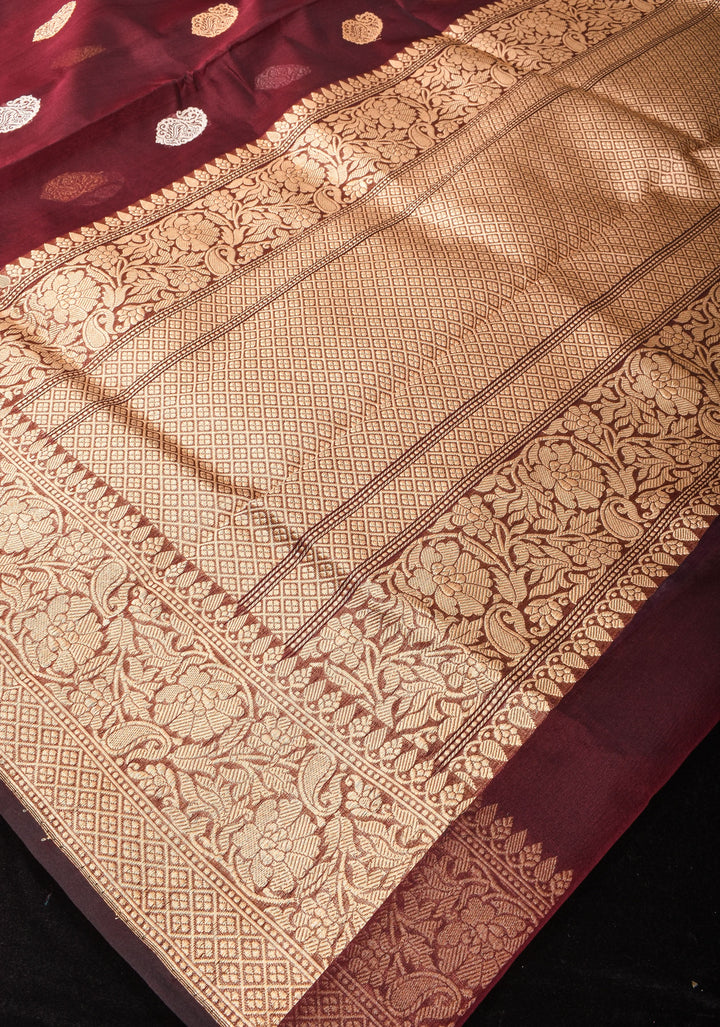 Brown Exquisite Banarasi Kora Silk Saree with Sona Rupa Motifs with Zari Border | SILK MARK CERTIFIED