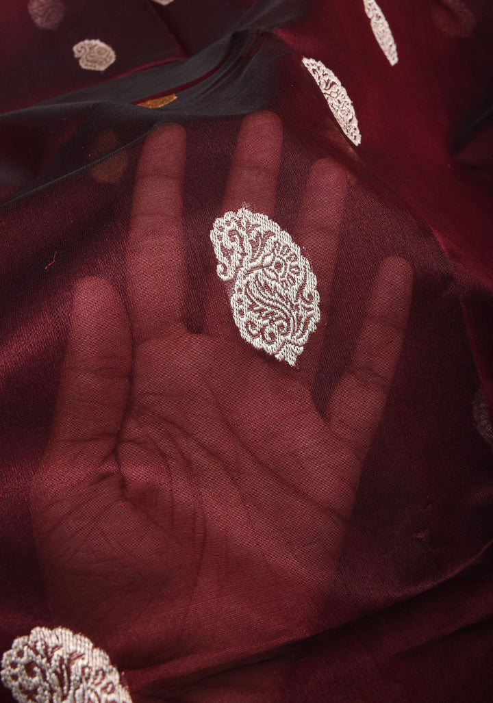 Brown Exquisite Banarasi Kora Silk Saree with Sona Rupa Motifs with Zari Border | SILK MARK CERTIFIED