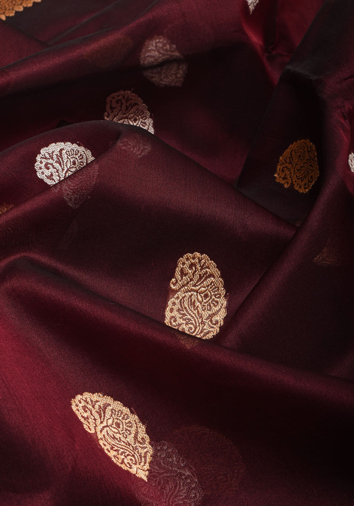 Brown Exquisite Banarasi Kora Silk Saree with Sona Rupa Motifs with Zari Border | SILK MARK CERTIFIED