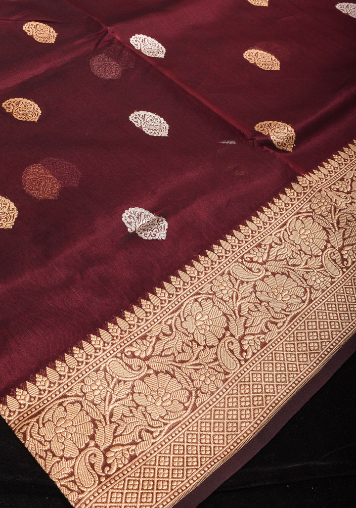 Brown Exquisite Banarasi Kora Silk Saree with Sona Rupa Motifs with Zari Border | SILK MARK CERTIFIED