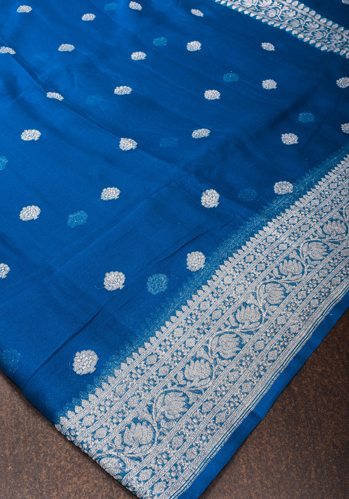 Prussian Blue Pure Silk Chiffon Saree with Silver Tone Zari Buttas and Border| SILK MARK CERTIFIED
