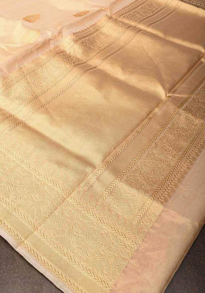 Beige Banarasi Tissue  Silk Saree with Damask Kahuwa Buttas and Zari Border | SILK MARK CERTIFIED