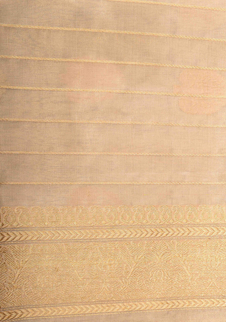 Beige Banarasi Tissue  Silk Saree with Damask Kahuwa Buttas and Zari Border | SILK MARK CERTIFIED