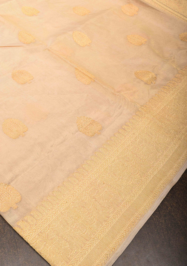 Beige Banarasi Tissue  Silk Saree with Damask Kahuwa Buttas and Zari Border | SILK MARK CERTIFIED