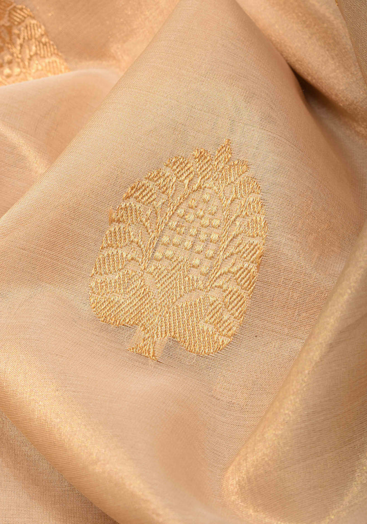 Beige Banarasi Tissue  Silk Saree with Damask Kahuwa Buttas and Zari Border | SILK MARK CERTIFIED
