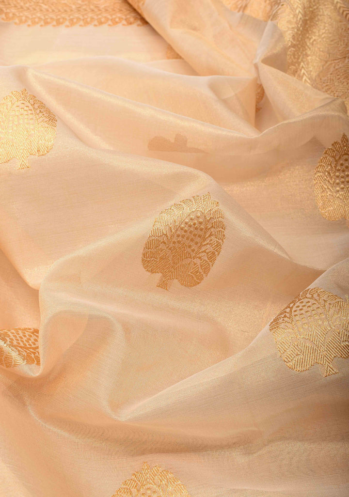 Beige Banarasi Tissue  Silk Saree with Damask Kahuwa Buttas and Zari Border | SILK MARK CERTIFIED
