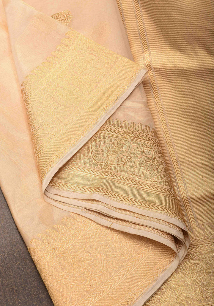 Beige Banarasi Tissue  Silk Saree with Damask Kahuwa Buttas and Zari Border | SILK MARK CERTIFIED