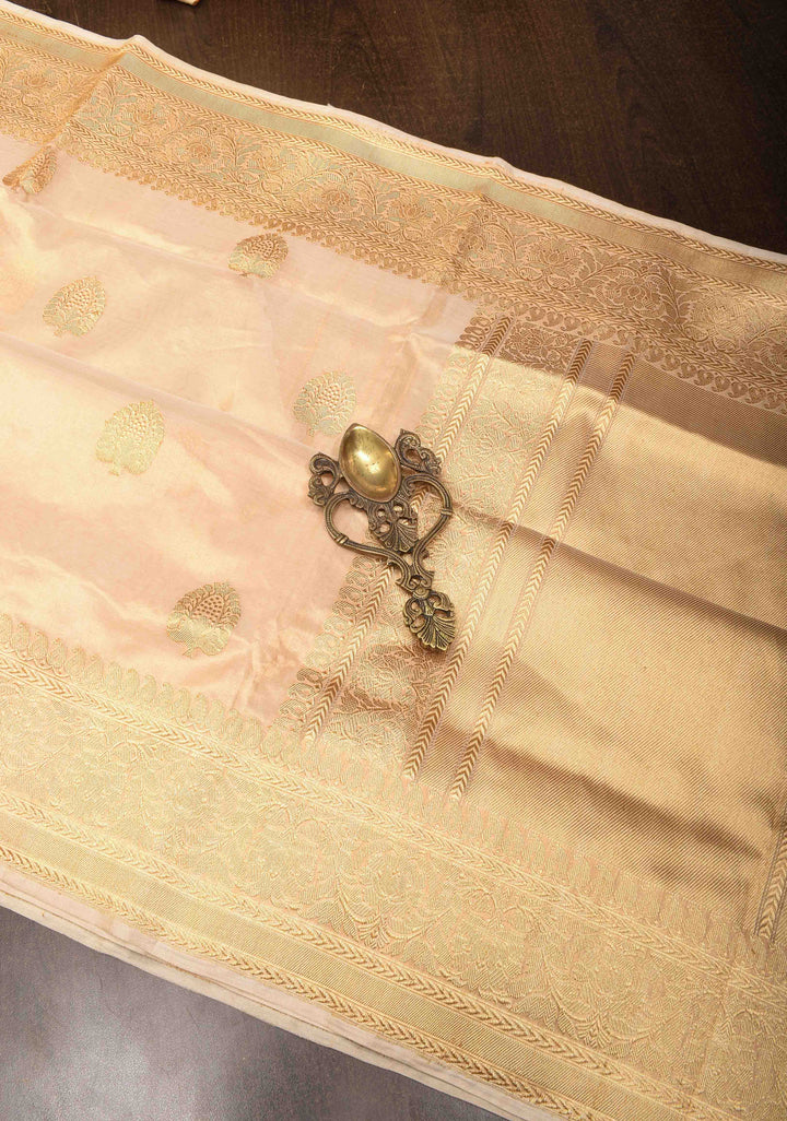 Beige Banarasi Tissue  Silk Saree with Damask Kahuwa Buttas and Zari Border | SILK MARK CERTIFIED