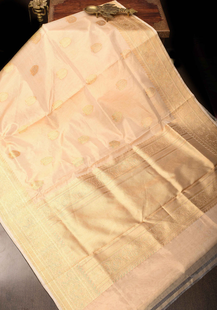 Beige Banarasi Tissue  Silk Saree with Damask Kahuwa Buttas and Zari Border | SILK MARK CERTIFIED