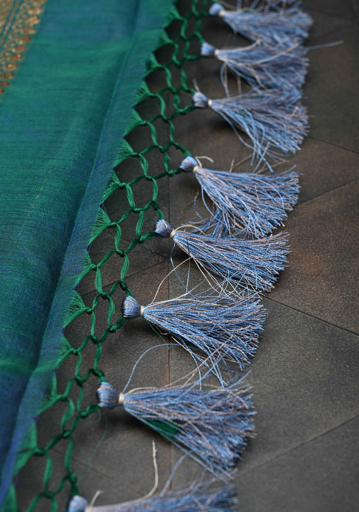 Exquisite Banarasi Kora Silk Saree with antique Zari Motifs and Border in Peacock blue And Green Dual Tone  | SILK MARK CERTIFIED