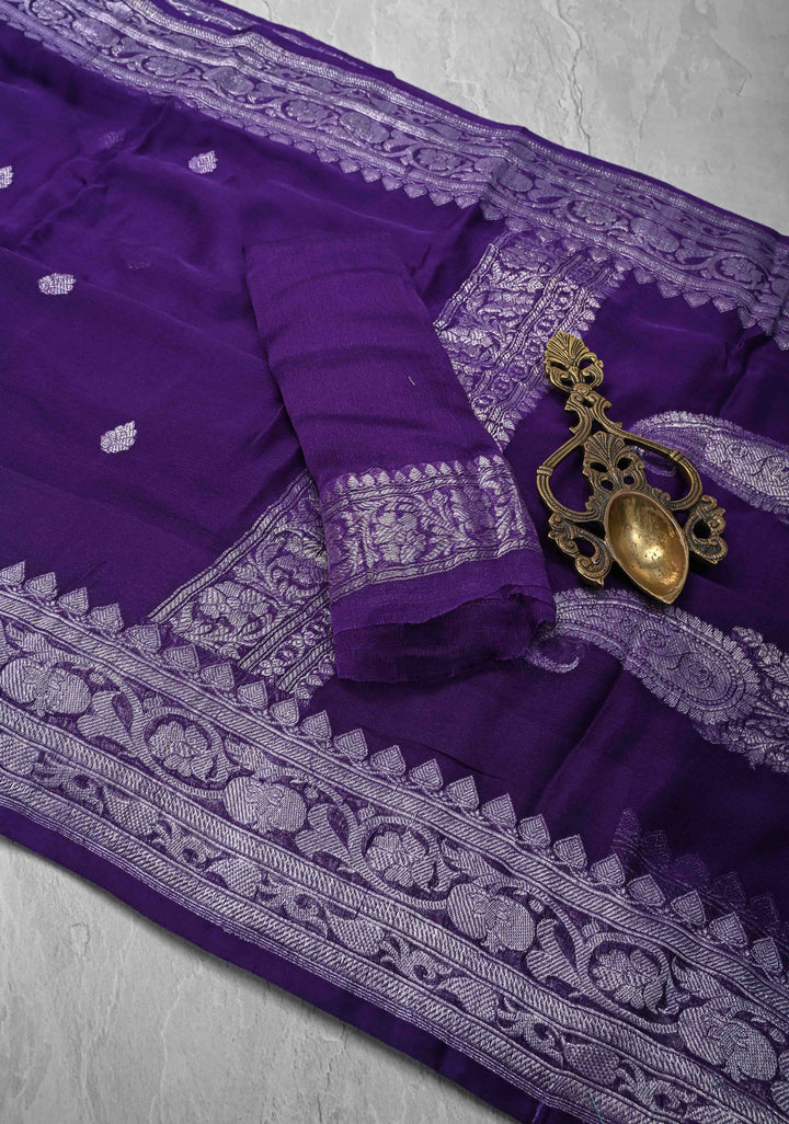 Purple Pure Silk Chiffon Saree with Silver Tone Zari Buttas and Border | SILK MARK CERTIFIED