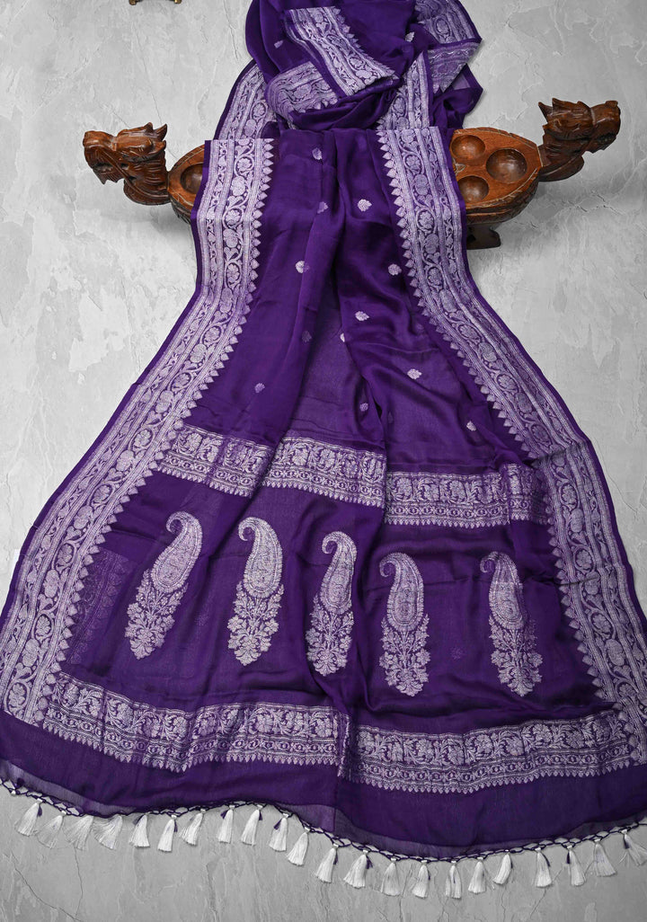 Purple Pure Silk Chiffon Saree with Silver Tone Zari Buttas and Border | SILK MARK CERTIFIED