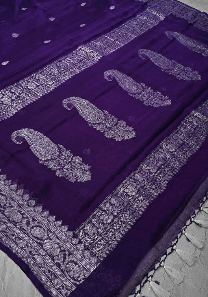 Purple Pure Silk Chiffon Saree with Silver Tone Zari Buttas and Border | SILK MARK CERTIFIED