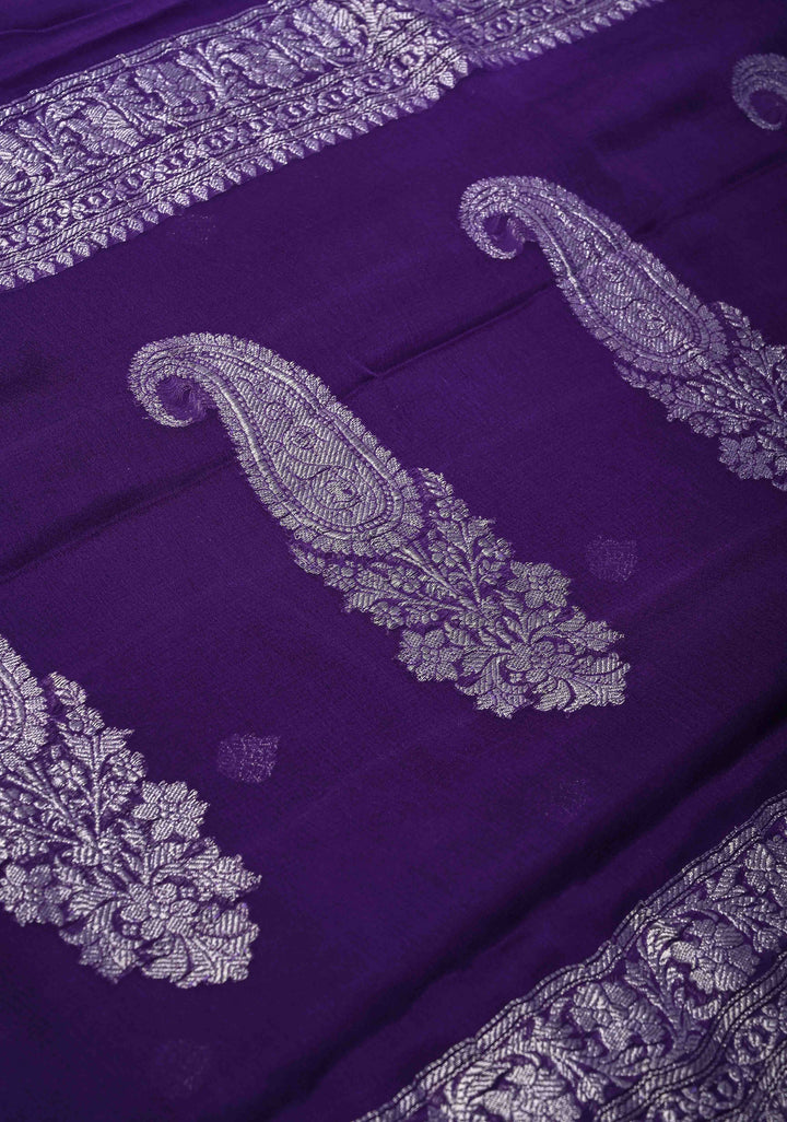 Purple Pure Silk Chiffon Saree with Silver Tone Zari Buttas and Border | SILK MARK CERTIFIED