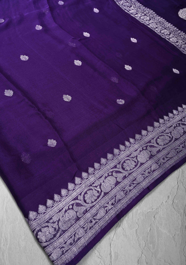 Purple Pure Silk Chiffon Saree with Silver Tone Zari Buttas and Border | SILK MARK CERTIFIED
