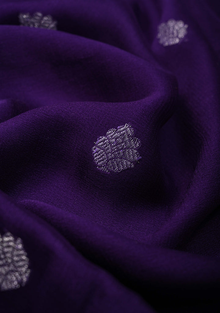 Purple Pure Silk Chiffon Saree with Silver Tone Zari Buttas and Border | SILK MARK CERTIFIED