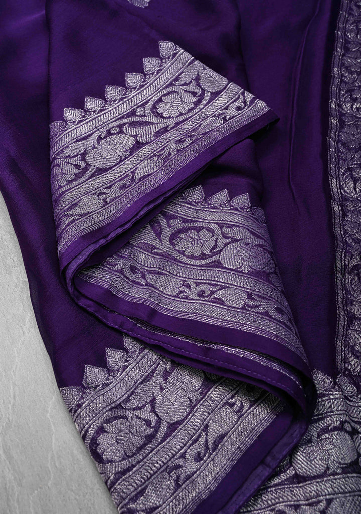 Purple Pure Silk Chiffon Saree with Silver Tone Zari Buttas and Border | SILK MARK CERTIFIED