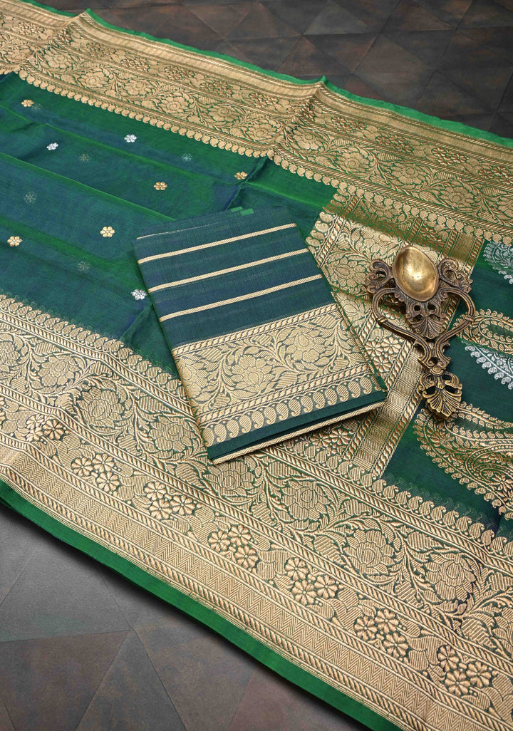 Emerald Green Dual Tone Banarasi Kora Silk Saree with Sona Rupa Floral Buttas and Resplendant Pallu | SILK MARK CERTIFIED