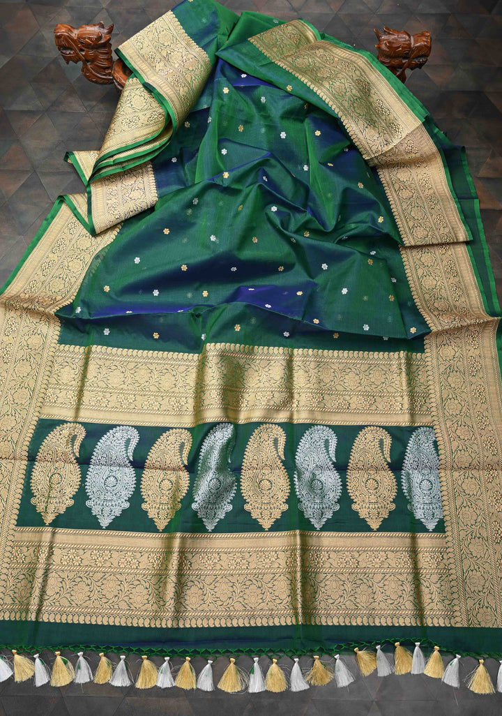 Emerald Green Dual Tone Banarasi Kora Silk Saree with Sona Rupa Floral Buttas and Resplendant Pallu | SILK MARK CERTIFIED