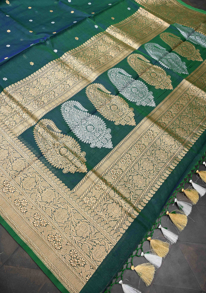 Emerald Green Dual Tone Banarasi Kora Silk Saree with Sona Rupa Floral Buttas and Resplendant Pallu | SILK MARK CERTIFIED