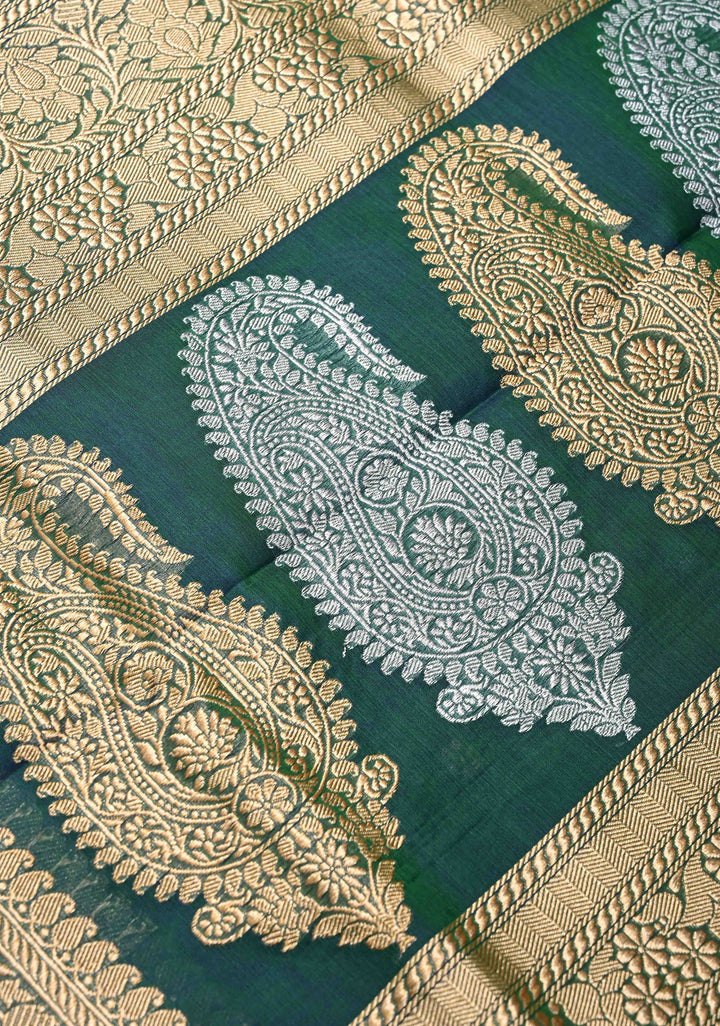 Emerald Green Dual Tone Banarasi Kora Silk Saree with Sona Rupa Floral Buttas and Resplendant Pallu | SILK MARK CERTIFIED