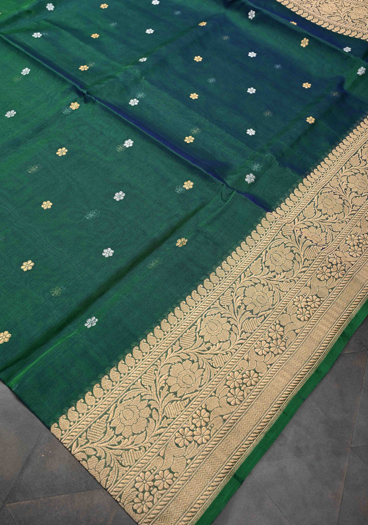 Emerald Green Dual Tone Banarasi Kora Silk Saree with Sona Rupa Floral Buttas and Resplendant Pallu | SILK MARK CERTIFIED
