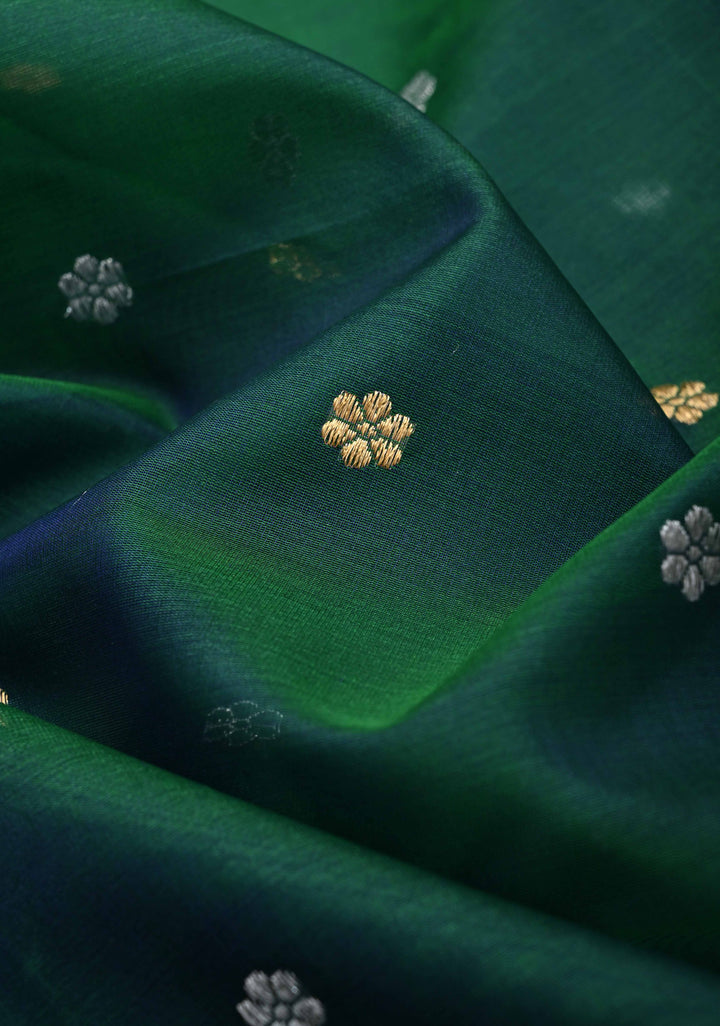 Emerald Green Dual Tone Banarasi Kora Silk Saree with Sona Rupa Floral Buttas and Resplendant Pallu | SILK MARK CERTIFIED