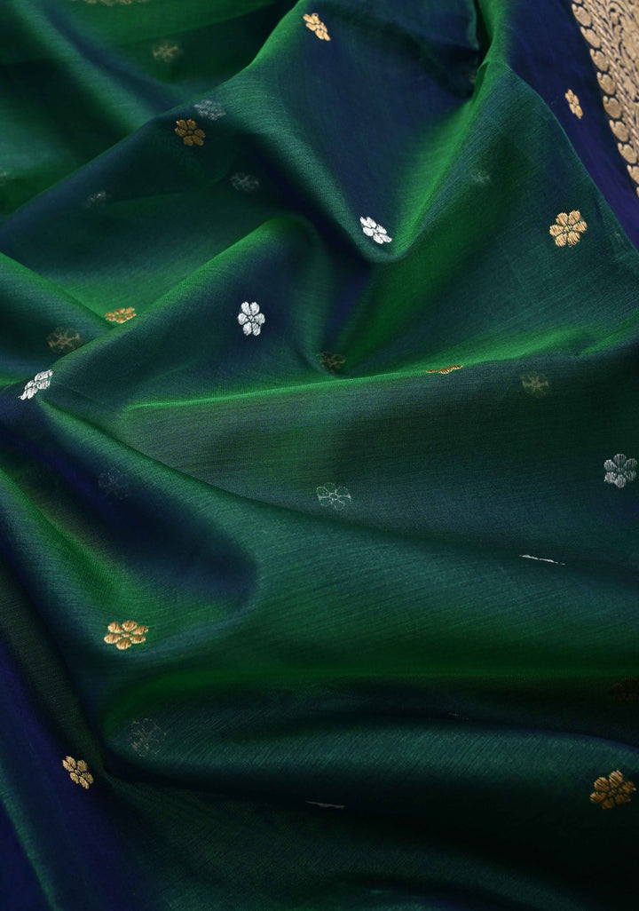 Emerald Green Dual Tone Banarasi Kora Silk Saree with Sona Rupa Floral Buttas and Resplendant Pallu | SILK MARK CERTIFIED