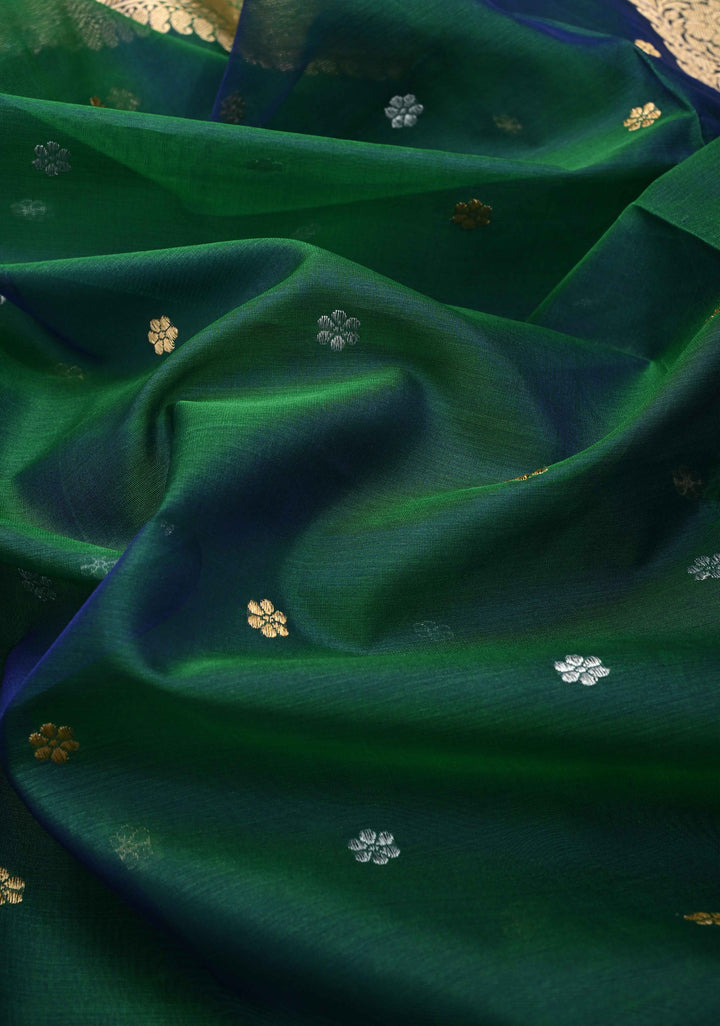 Emerald Green Dual Tone Banarasi Kora Silk Saree with Sona Rupa Floral Buttas and Resplendant Pallu | SILK MARK CERTIFIED