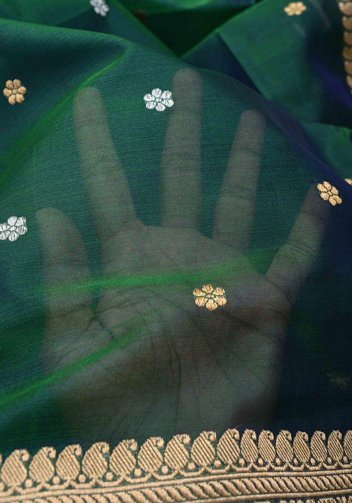 Emerald Green Dual Tone Banarasi Kora Silk Saree with Sona Rupa Floral Buttas and Resplendant Pallu | SILK MARK CERTIFIED