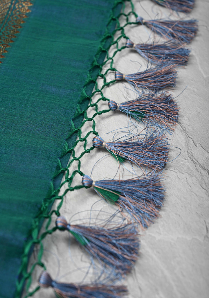 Exquisite Banarasi Kora Silk Saree with antique Zari Motifs and Border in Peacock blue And Green Dual Tone  | SILK MARK CERTIFIED