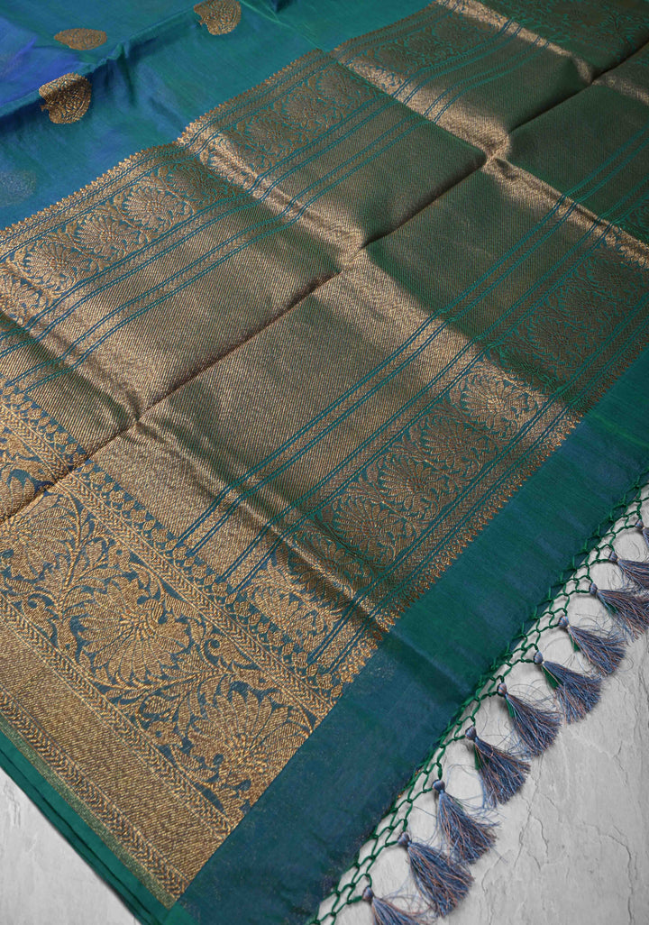 Exquisite Banarasi Kora Silk Saree with antique Zari Motifs and Border in Peacock blue And Green Dual Tone  | SILK MARK CERTIFIED