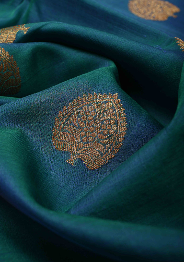 Exquisite Banarasi Kora Silk Saree with antique Zari Motifs and Border in Peacock blue And Green Dual Tone  | SILK MARK CERTIFIED