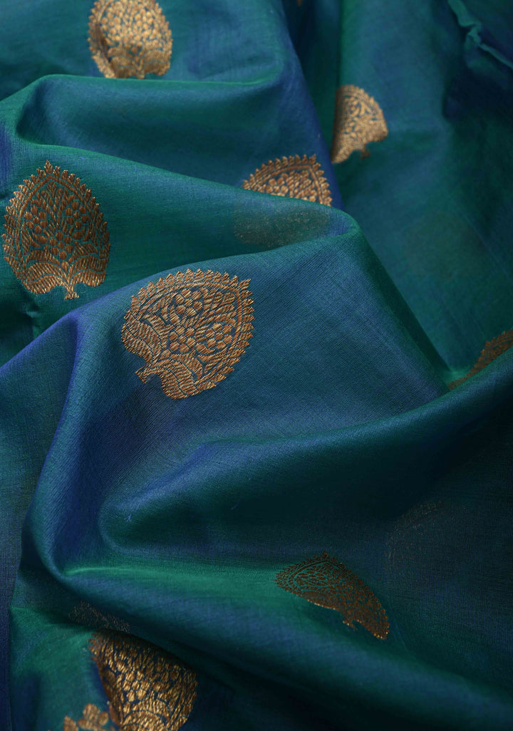 Exquisite Banarasi Kora Silk Saree with antique Zari Motifs and Border in Peacock blue And Green Dual Tone  | SILK MARK CERTIFIED