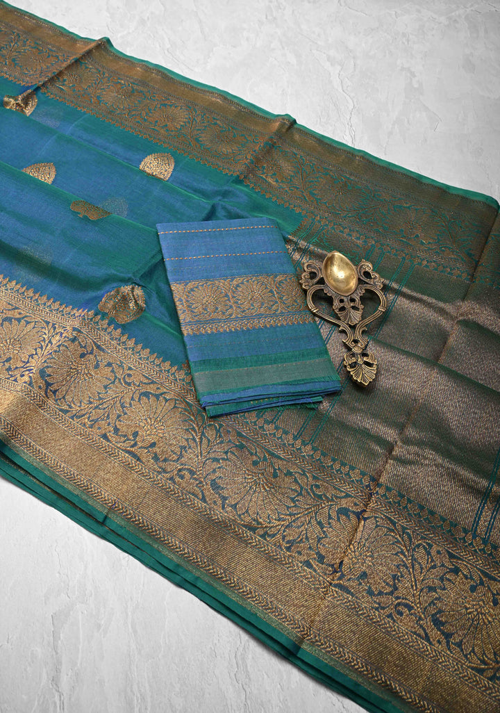 Exquisite Banarasi Kora Silk Saree with antique Zari Motifs and Border in Peacock blue And Green Dual Tone  | SILK MARK CERTIFIED