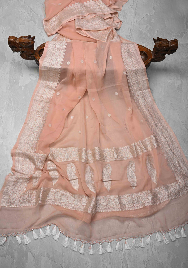 Blush Peach Pure Chiffon Silk Saree with Silver Zari Buttas and Border | SILK MARK CERTIFIED