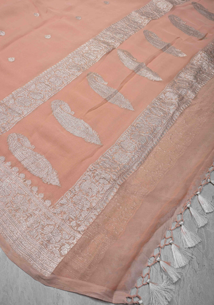 Blush Peach Pure Chiffon Silk Saree with Silver Zari Buttas and Border | SILK MARK CERTIFIED