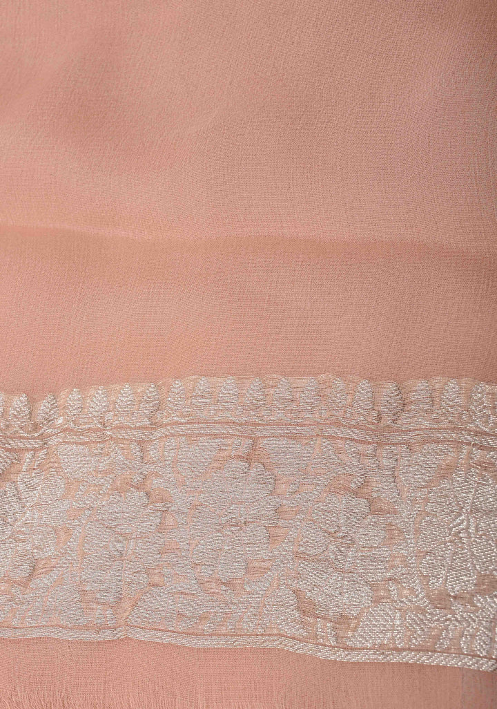 Blush Peach Pure Chiffon Silk Saree with Silver Zari Buttas and Border | SILK MARK CERTIFIED