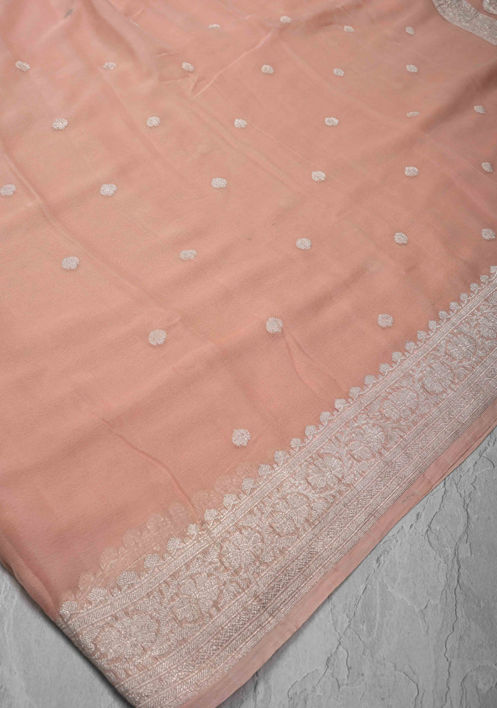 Blush Peach Pure Chiffon Silk Saree with Silver Zari Buttas and Border | SILK MARK CERTIFIED