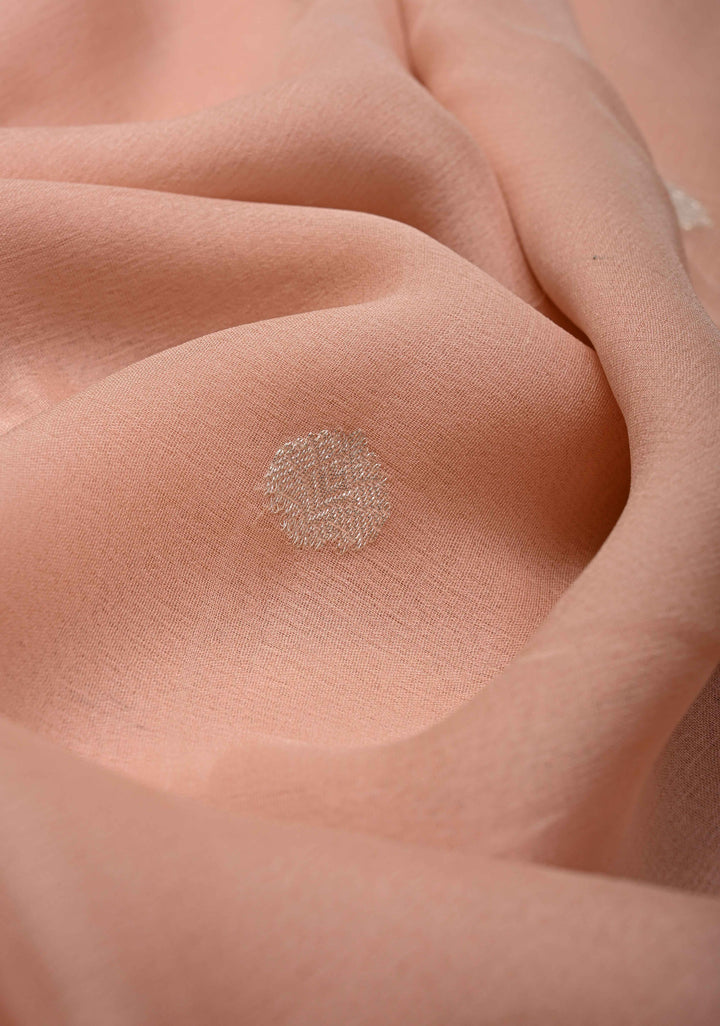 Blush Peach Pure Chiffon Silk Saree with Silver Zari Buttas and Border | SILK MARK CERTIFIED